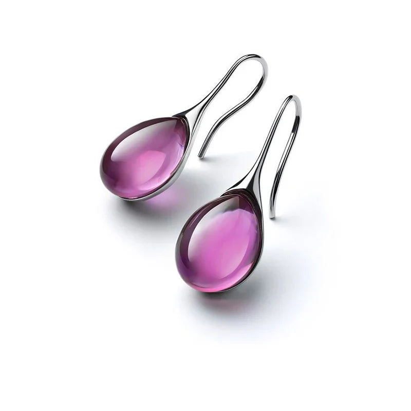 Silver and Purple Colored Water Drop Dangle Earrings