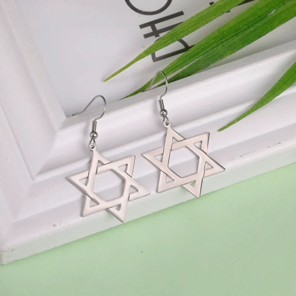 Hexagonal drop earrings with the Jewish Star of David symbol in silver