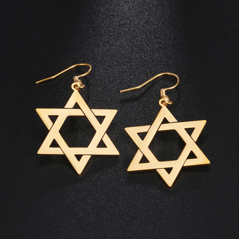 Hexagonal drop earrings with the Jewish Star of David symbol in gold
