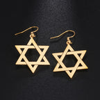 Hexagonal drop earrings with the Jewish Star of David symbol in gold