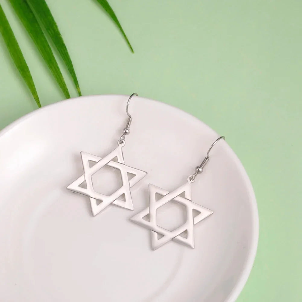 Hexagonal drop earrings with the Jewish Star of David symbol in silver