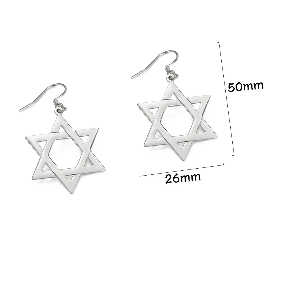 Hexagonal drop earrings with the Jewish Star of David symbol in silver