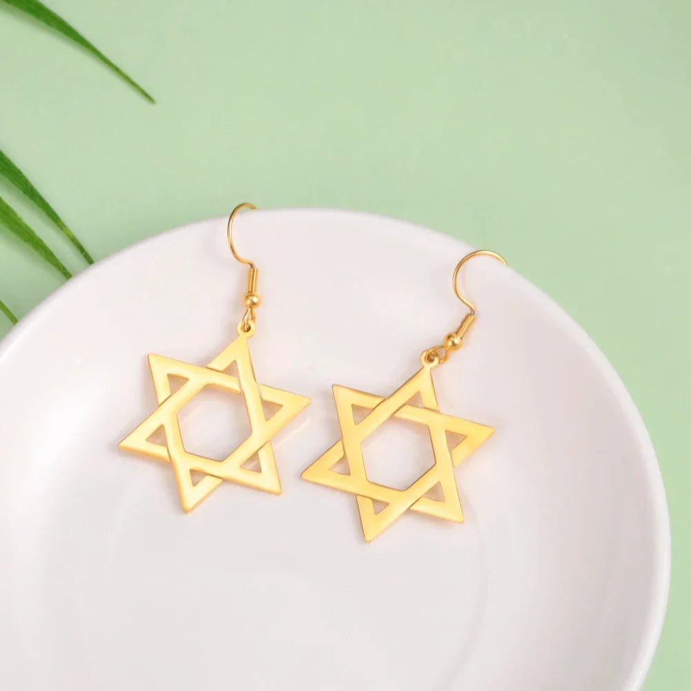 Hexagonal drop earrings with the Jewish Star of David symbol in gold