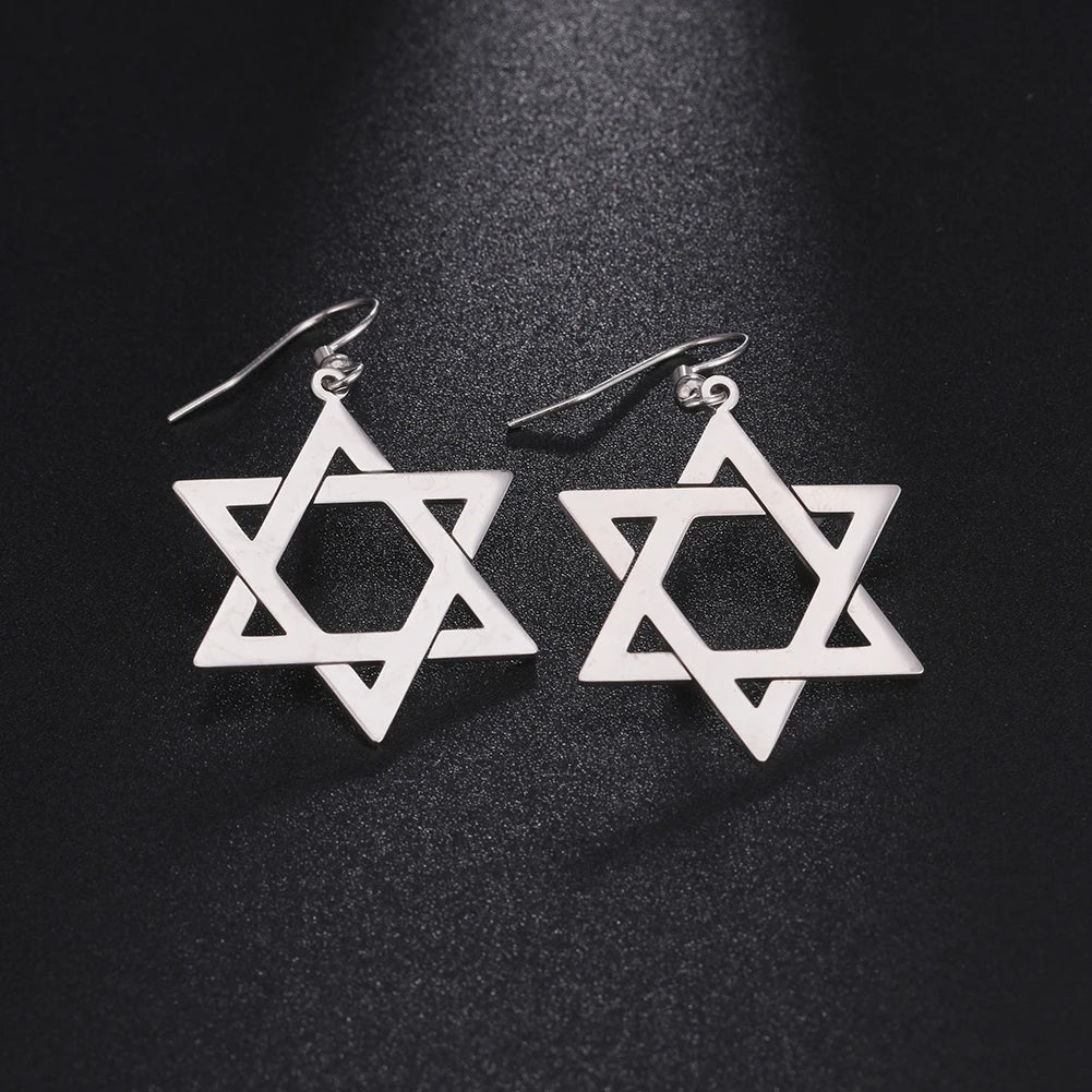 Hexagonal drop earrings with the Jewish Star of David symbol in silver