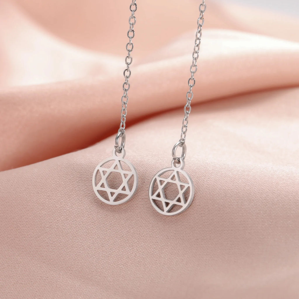 Long drop earrings with the Star of David Jewish symbol in round silver