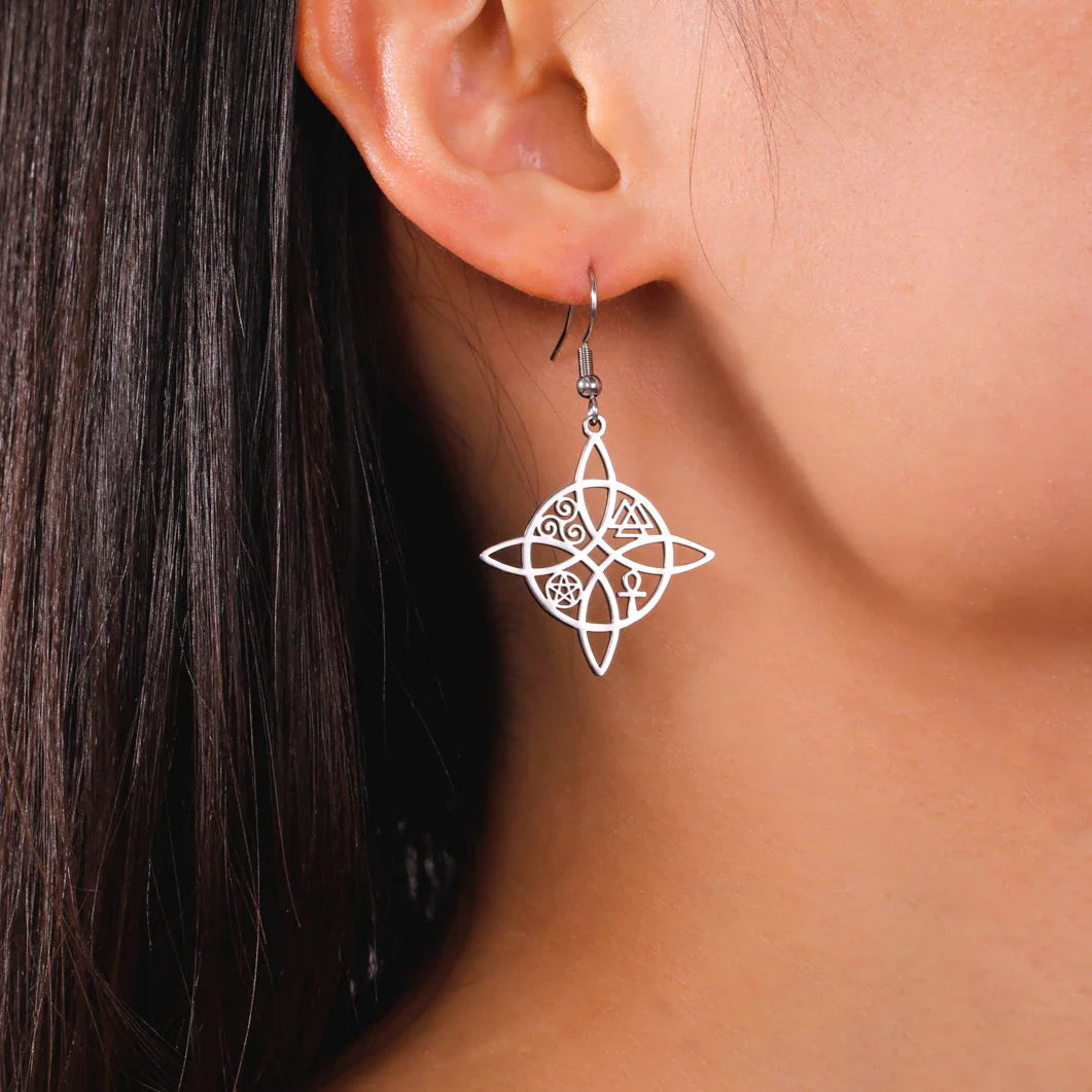 Witch's Knot Protection Dangle Earrings for Women Wiccan silver