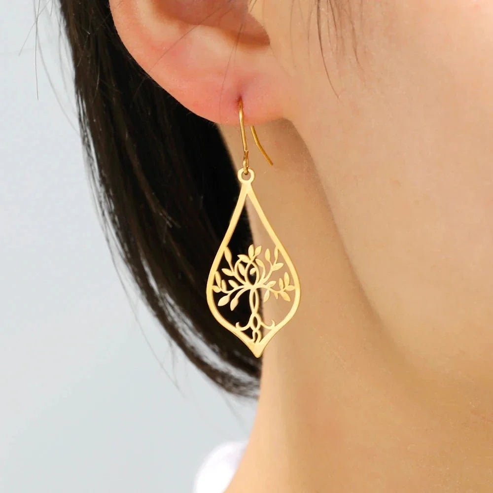 Oval Tree of Life Dangle Earrings gold