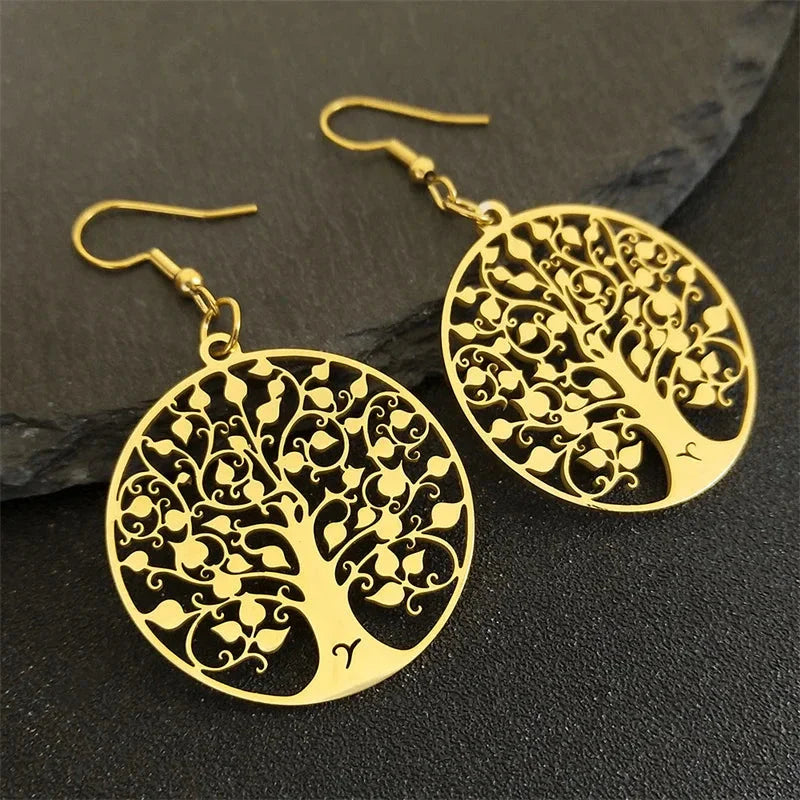 Round Hanging Earrings Tree of Life gold