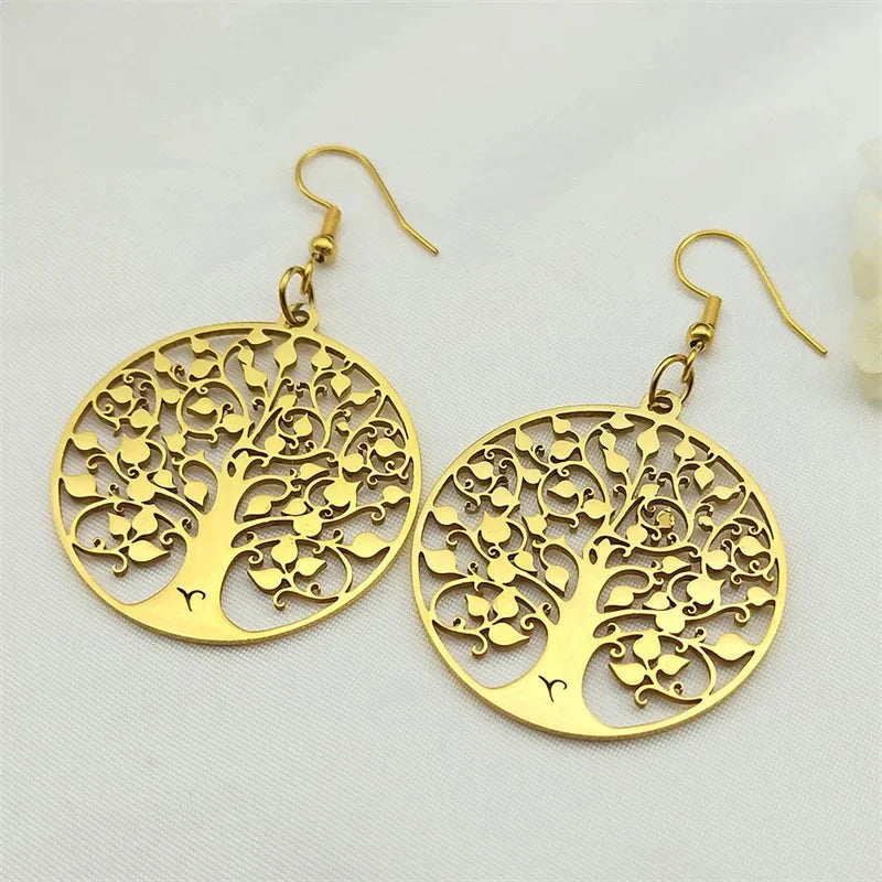 Round Hanging Earrings Tree of Life gold