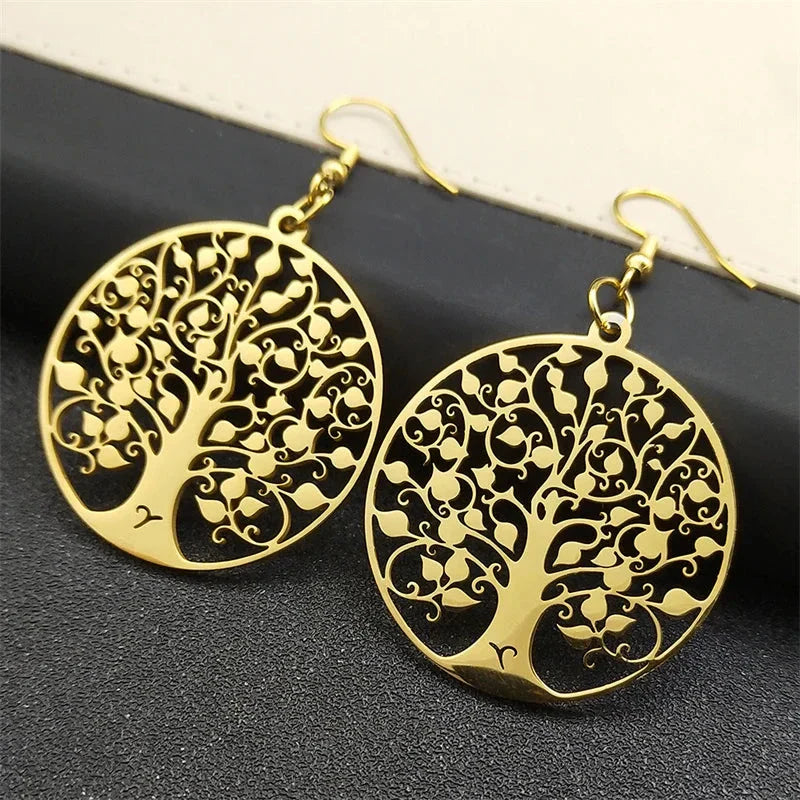 Round Hanging Earrings Tree of Life gold