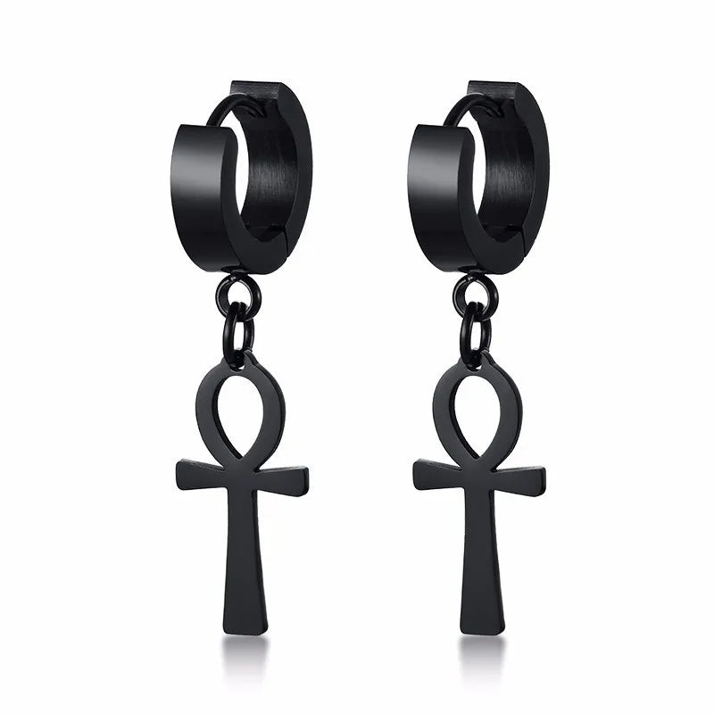 Egyptian Style Dangling Earrings Ankh Cross Black