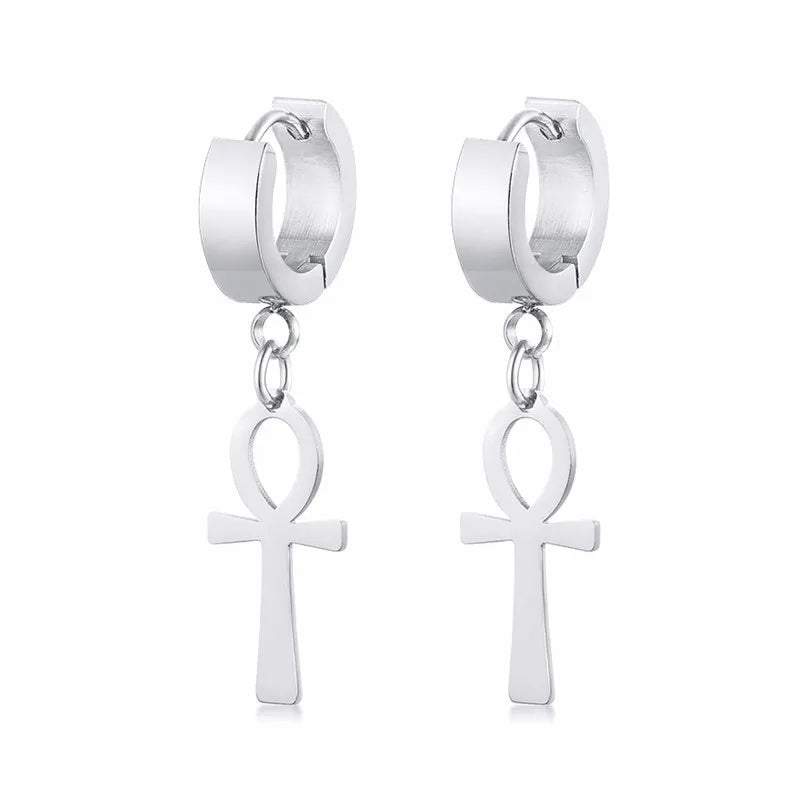 Egyptian Style Dangling Earrings Ankh Cross Silver