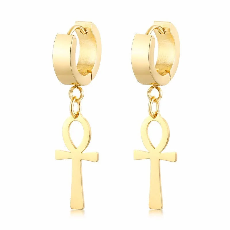Egyptian Style Dangling Earrings Ankh Cross Gold