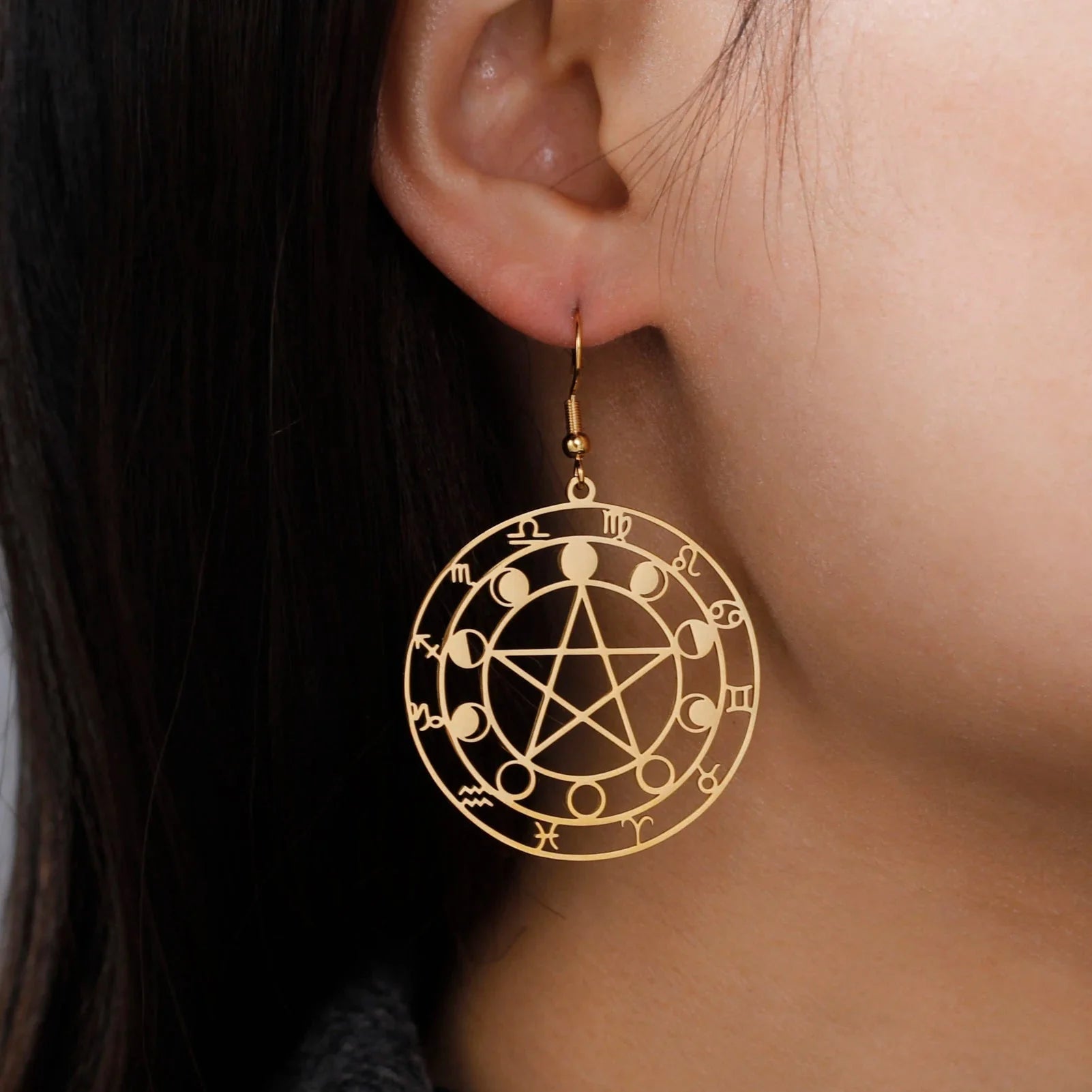 Pentacle Dangle Earrings Witchcraft Wiccan Woman gold