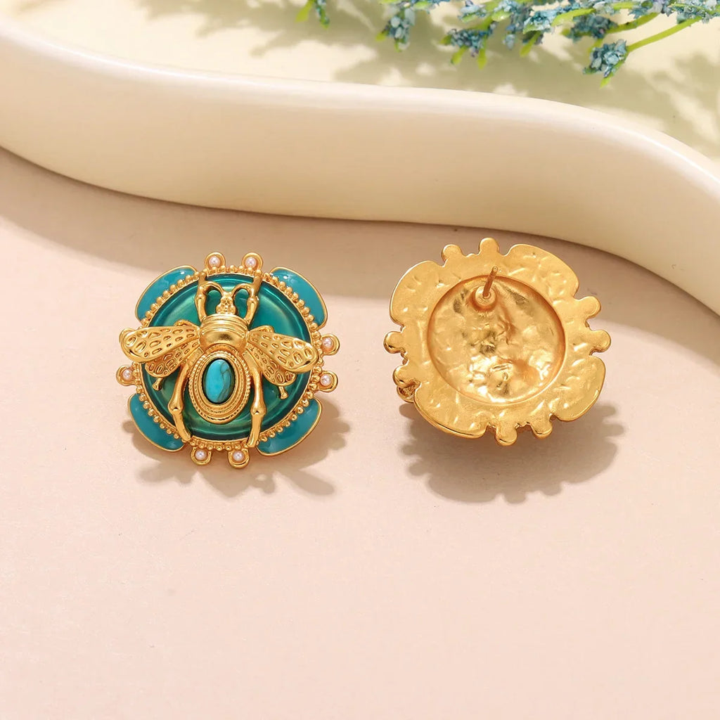 Round bee earrings turquoise