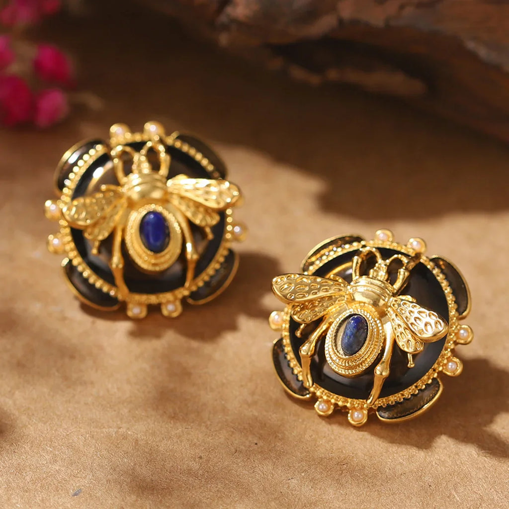 Round bee earrings black