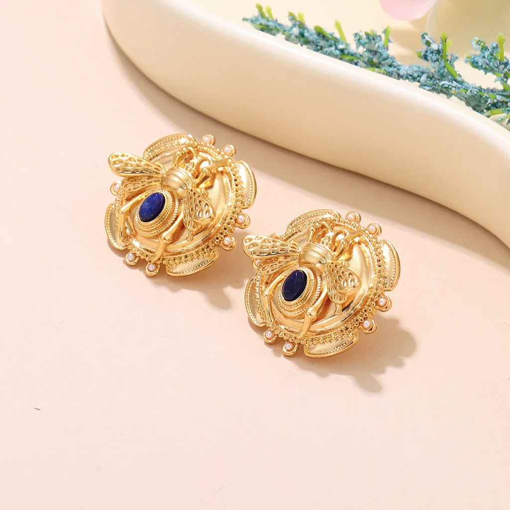 Round bee earrings gold