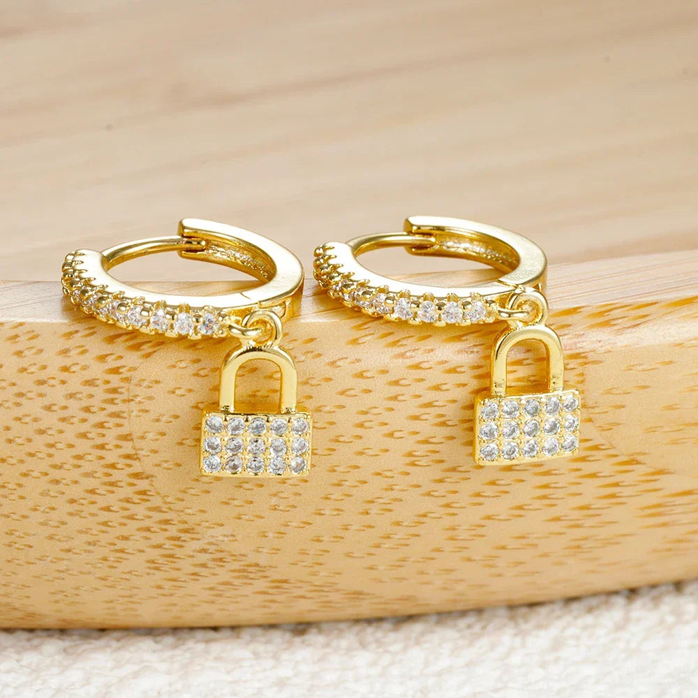 Key and lock rhinestone hoop earrings, gold