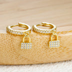 Key and lock rhinestone hoop earrings, gold