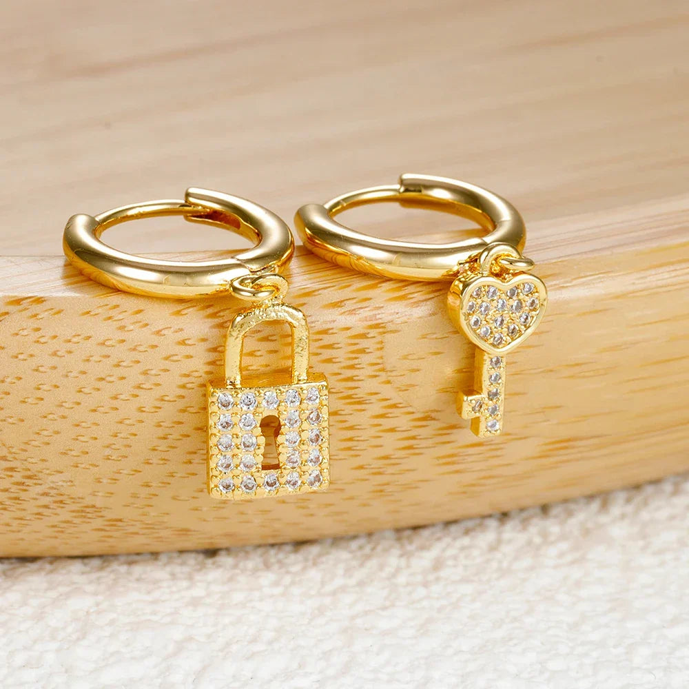 Key and lock rhinestone hoop earrings, gold key and lock