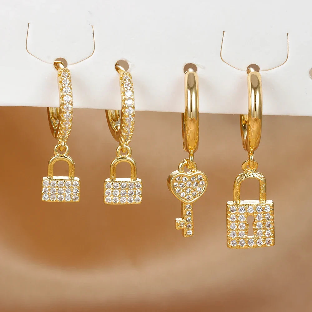 Key and lock rhinestone hoop earrings, gold key and lock