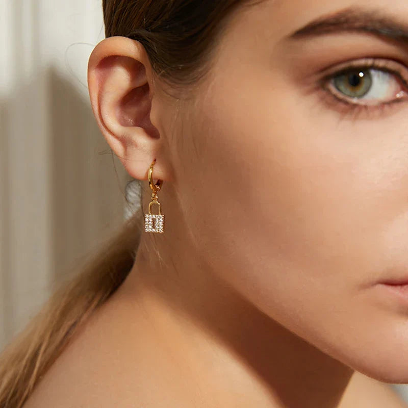 Key and lock rhinestone hoop earrings