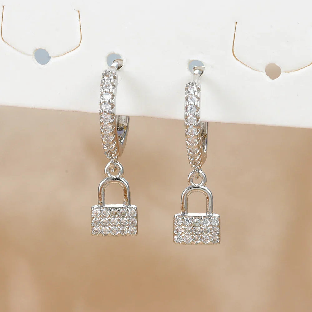 Key and lock rhinestone hoop earrings, silver