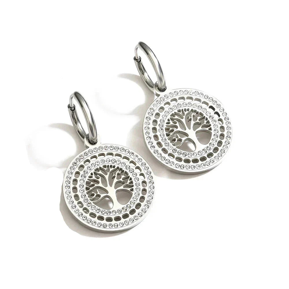 Round Hanging Tree of Life Silver Earrings