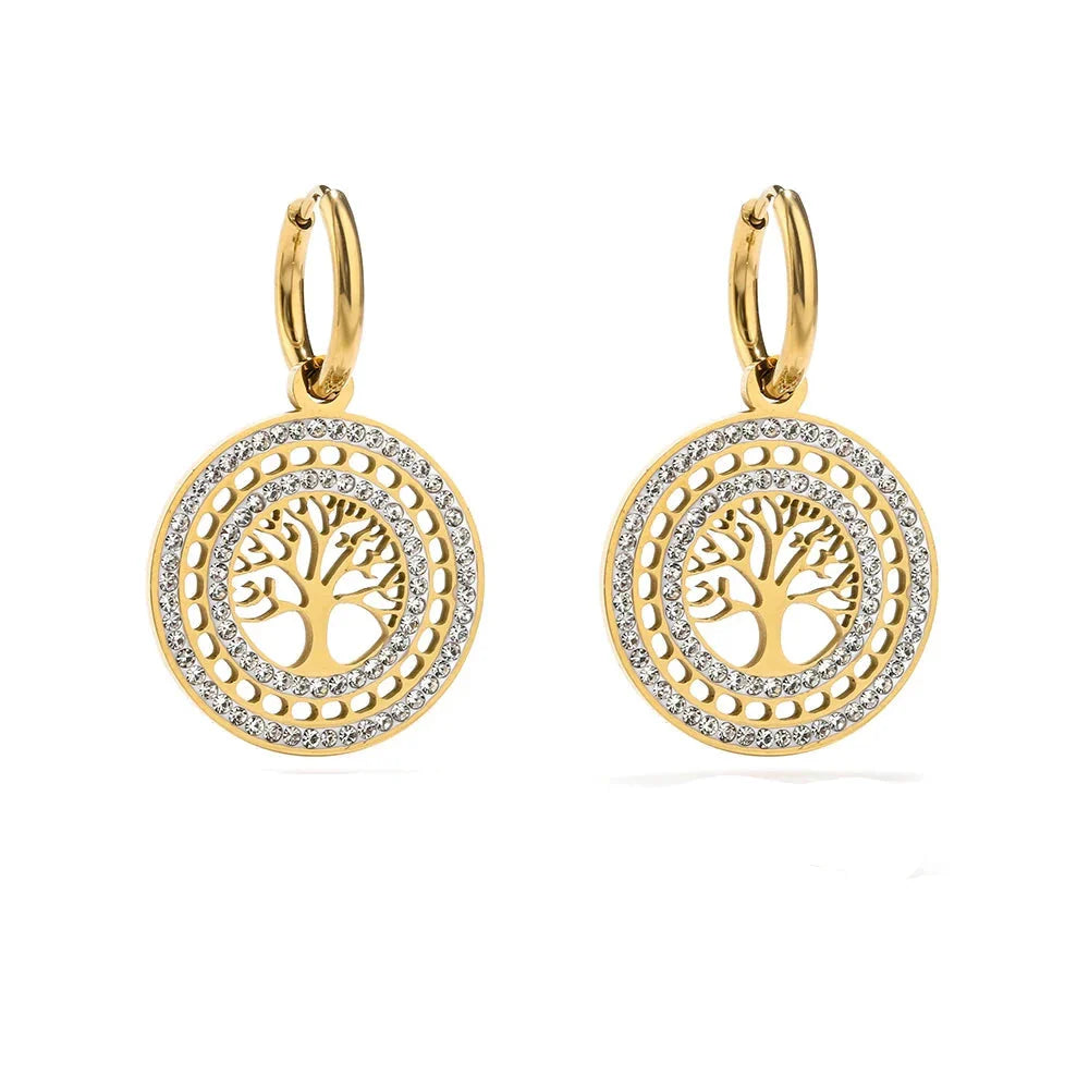 Round Hanging Tree of Life Gold Earrings