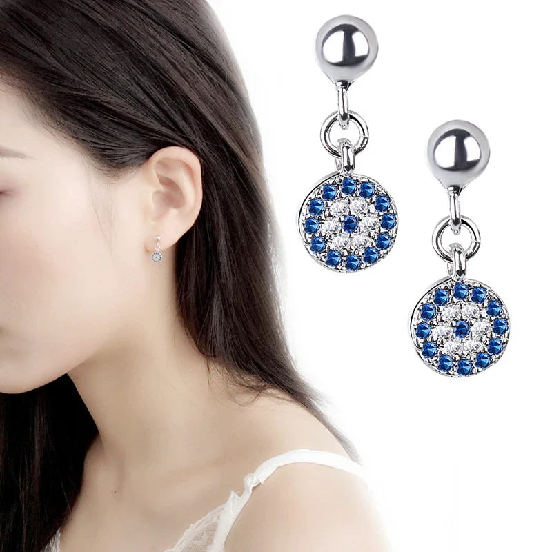 Round Earrings Evil Eye Blue Turkish Crystal
