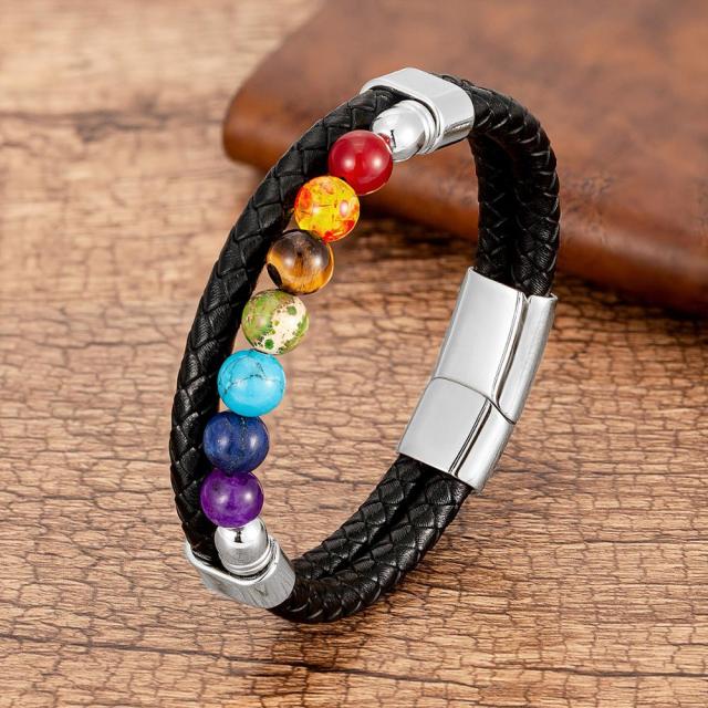 7 Chakras Leather Bracelet Men Women silver