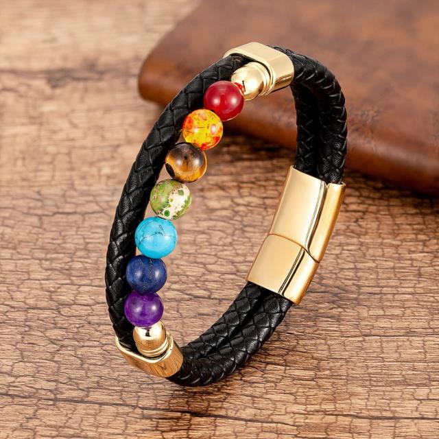 7 Chakras Leather Bracelet Men Women gold