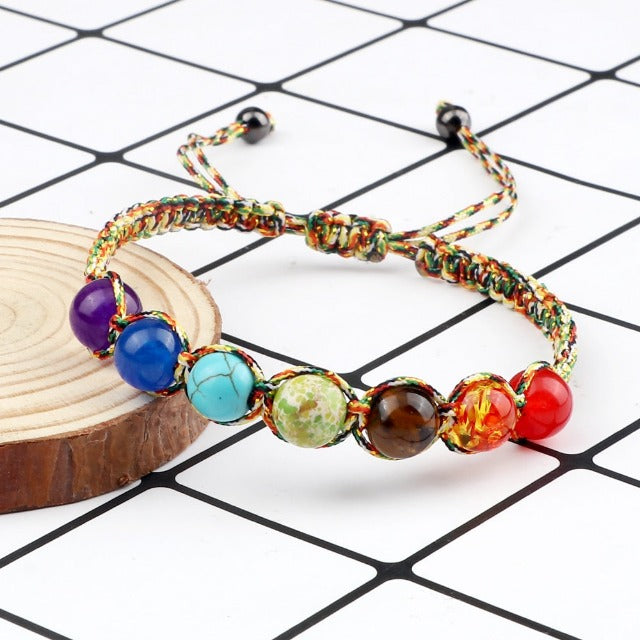 7 Chakras Braided Chain Bracelet Men Women Real Stones Multicolor