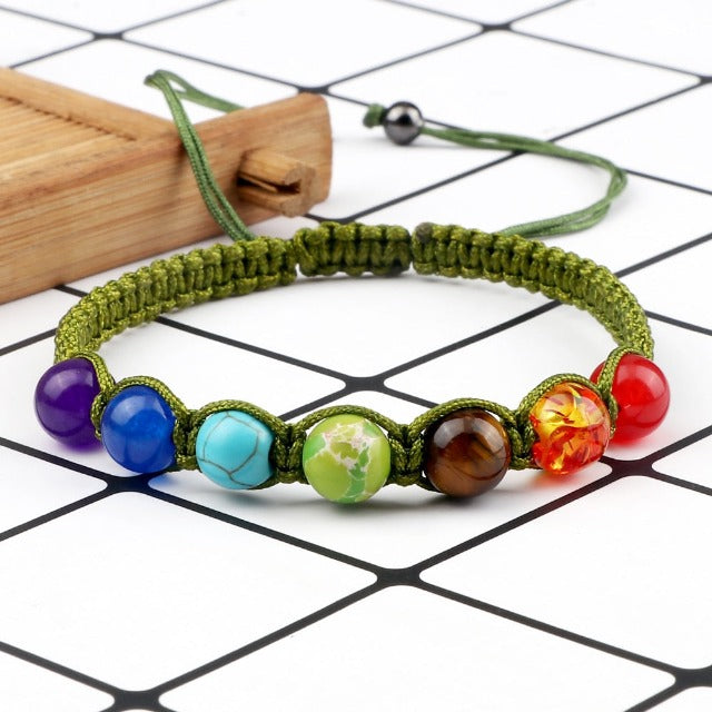 7 Chakras Braided Chain Bracelet Men Women Real Stones Green