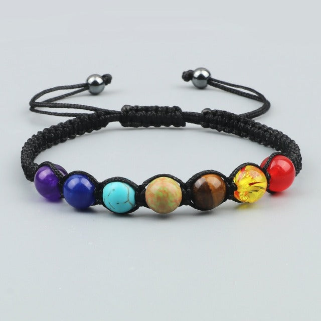 7 Chakras Braided Chain Bracelet Men Women Real Stones Black