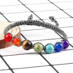 7 Chakras Braided Chain Bracelet Men Women Real Stones Gray
