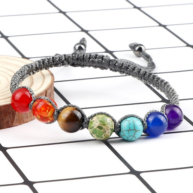 7 Chakras Braided Chain Bracelet Men Women Real Stones Gray