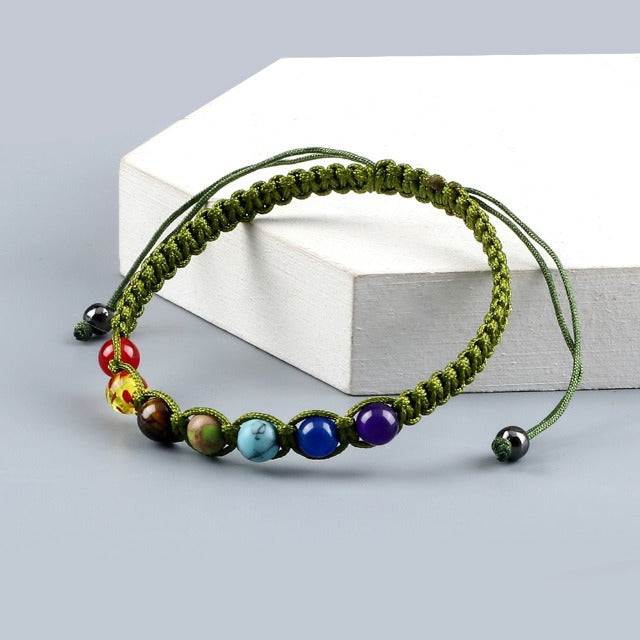 7 Chakras Braided Chain Bracelet Men Women Real Stones Green