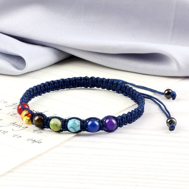 7 Chakras Braided Chain Bracelet Men Women Real Stones Blue