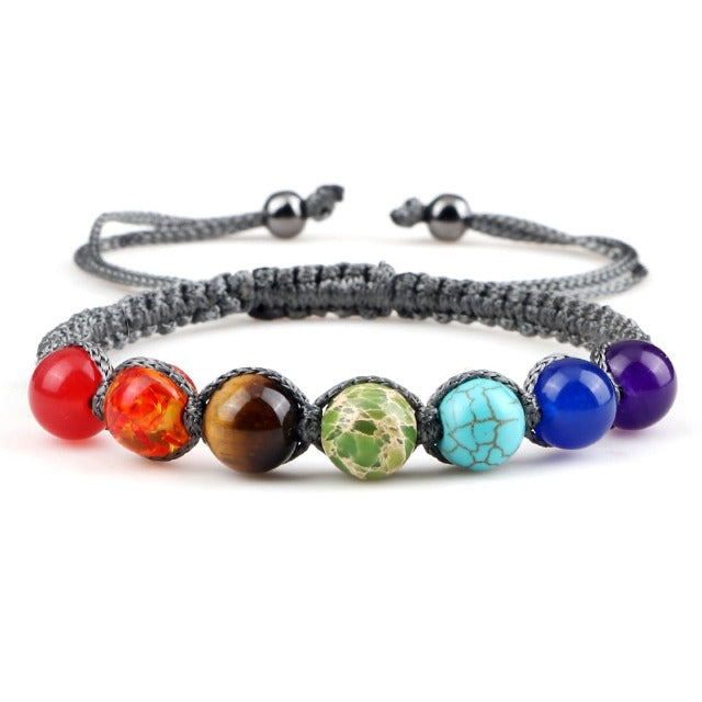 7 Chakras Braided Chain Bracelet Men Women Real Stones Gray