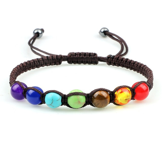 7 Chakras Braided Chain Bracelet Men Women Real Stones Brown