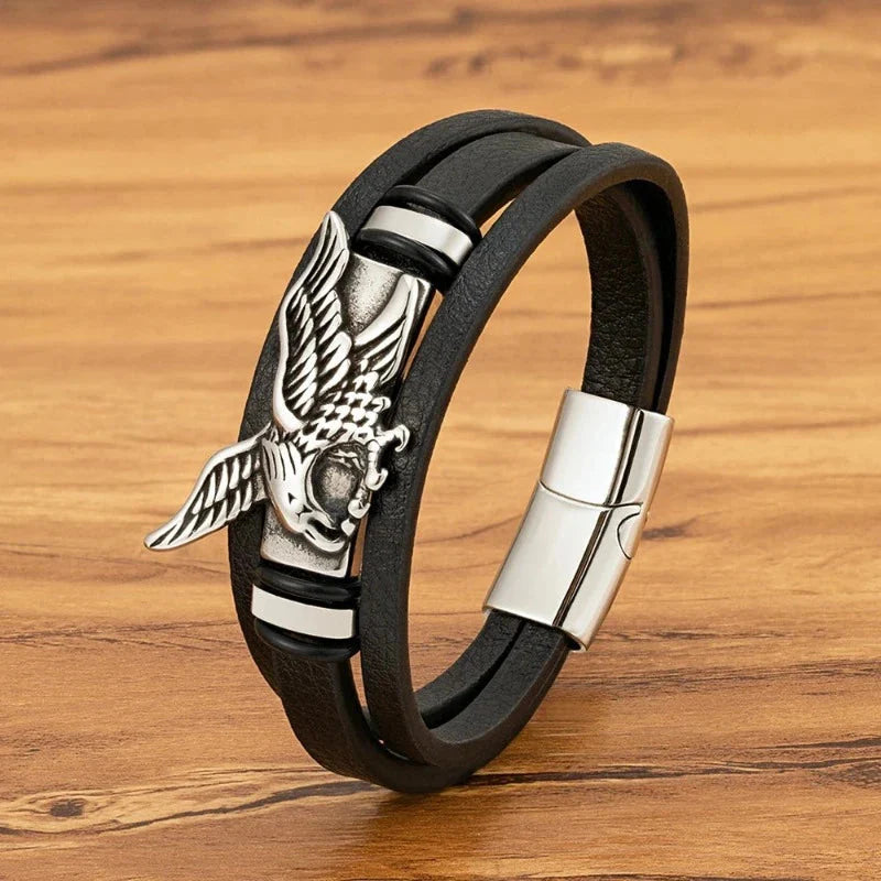 Men's Silver Leather Eagle Bracelet