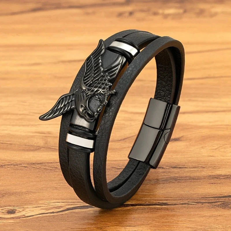 Men's Black Leather Eagle Bracelet