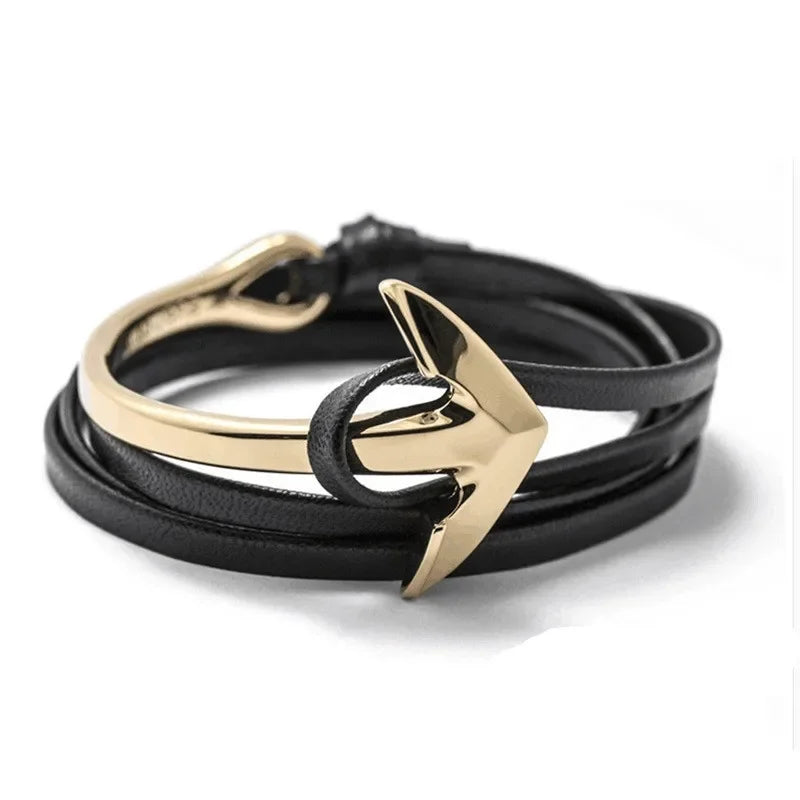 Wide adjustable anchor bracelet in gold and black