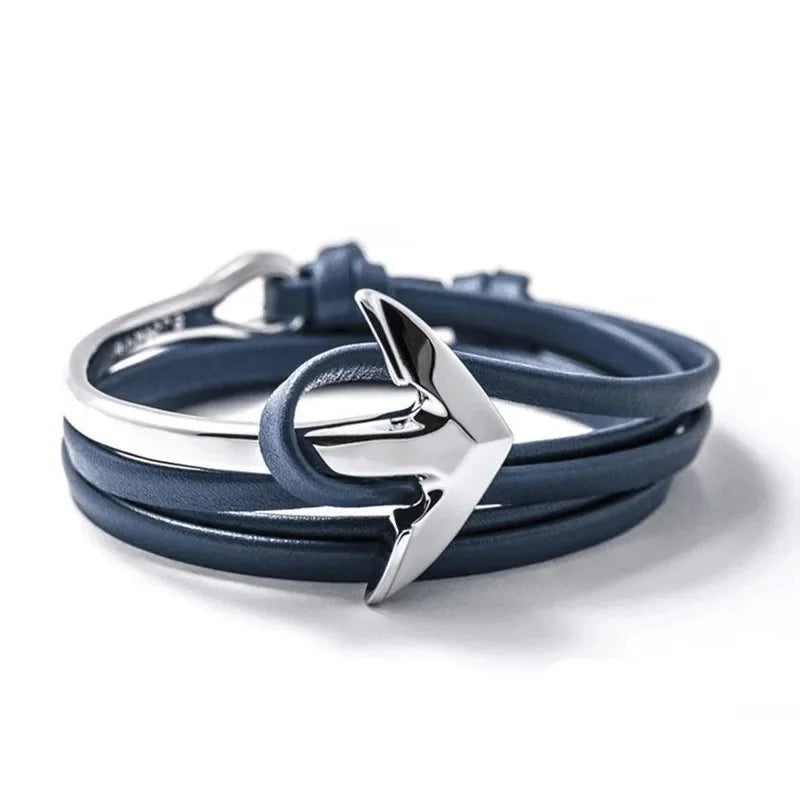 Wide adjustable anchor bracelet in silver and blue