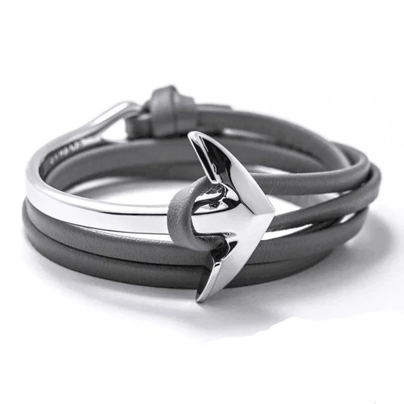 Wide adjustable anchor bracelet in silver and gray