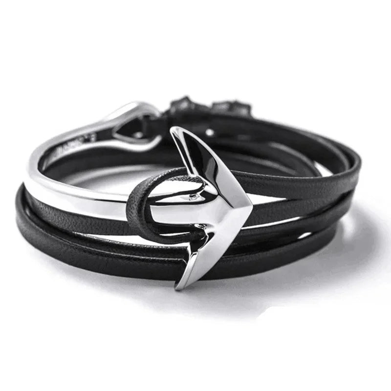 Wide adjustable anchor bracelet in silver and black