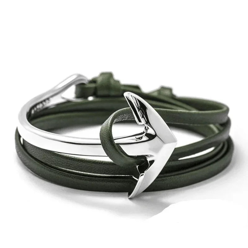 Wide adjustable anchor bracelet in silver and green