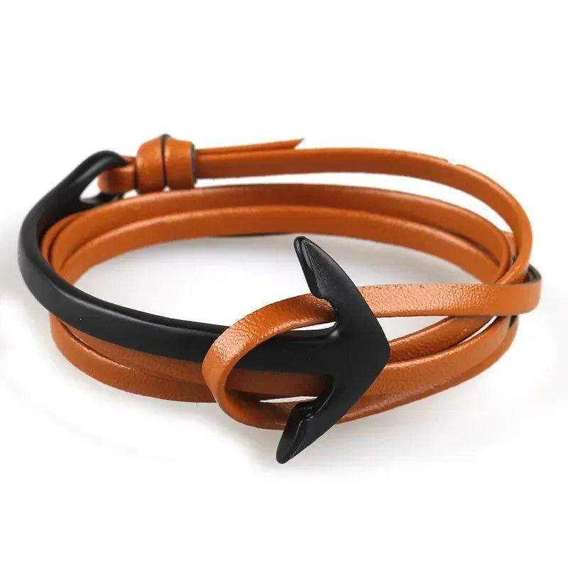 Wide adjustable anchor bracelet in black and brown