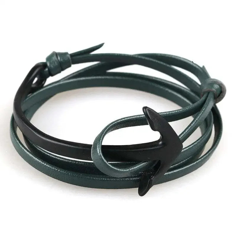 Wide adjustable anchor bracelet in black and green